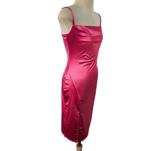 Liz Sara Hot Pink Bodycon Dress Sz S Spaghetti Straps Thigh Slit Poly Spandx NWT - Picture 1 of 8